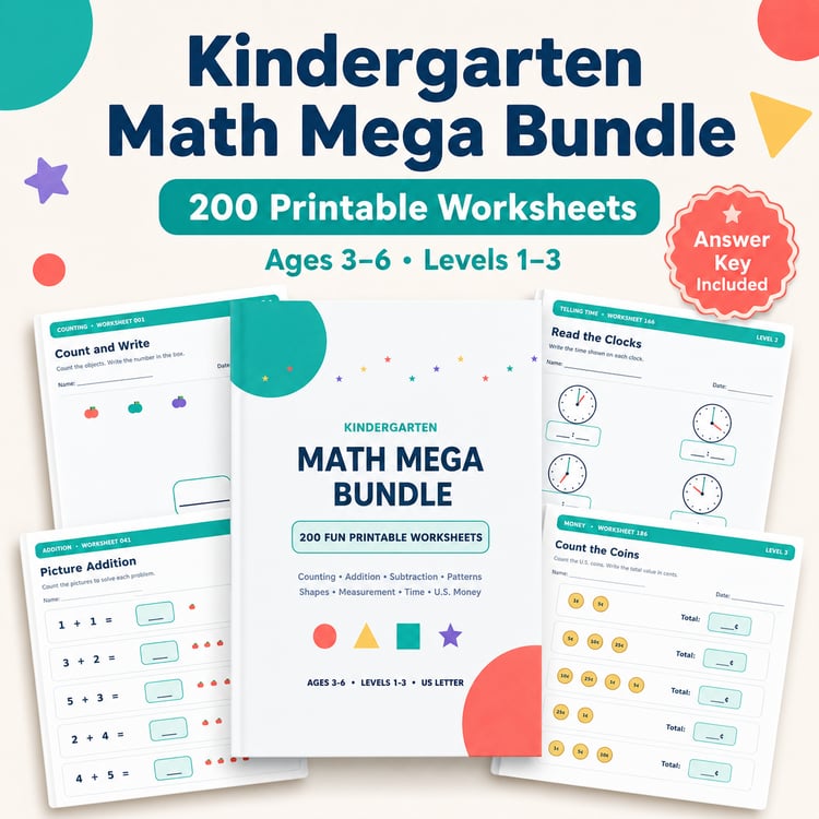 Kindergarten Math Mega Bundle ⭐ 200 Printable Worksheets for Ages 3–6