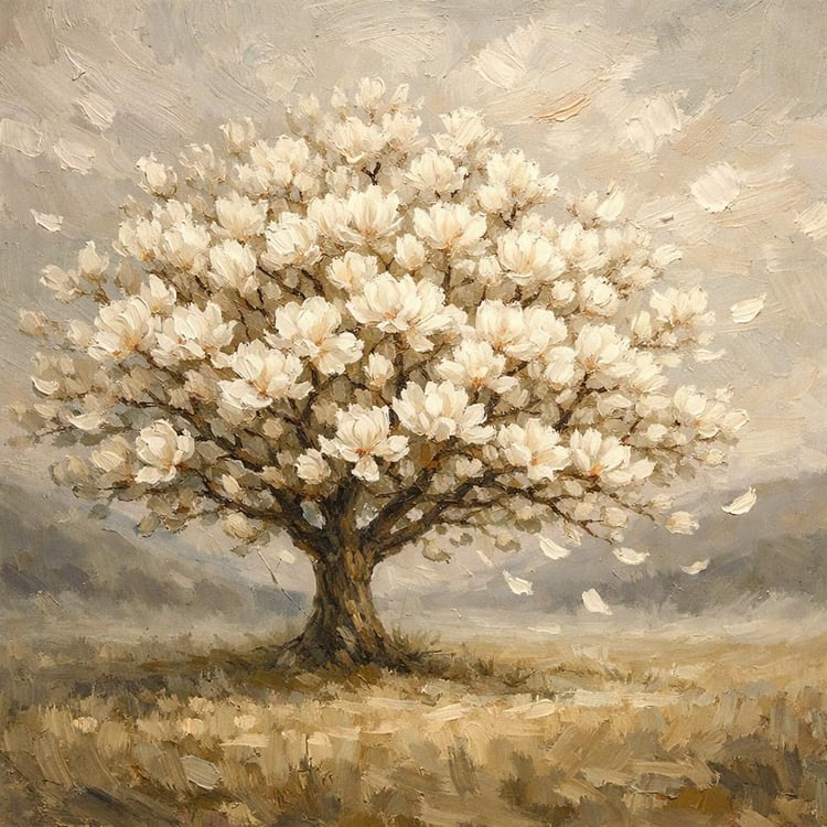 Flowering tree with soft white blossoms in a peaceful neutral landscape, printable wall art for farmhouse and modern home decor.