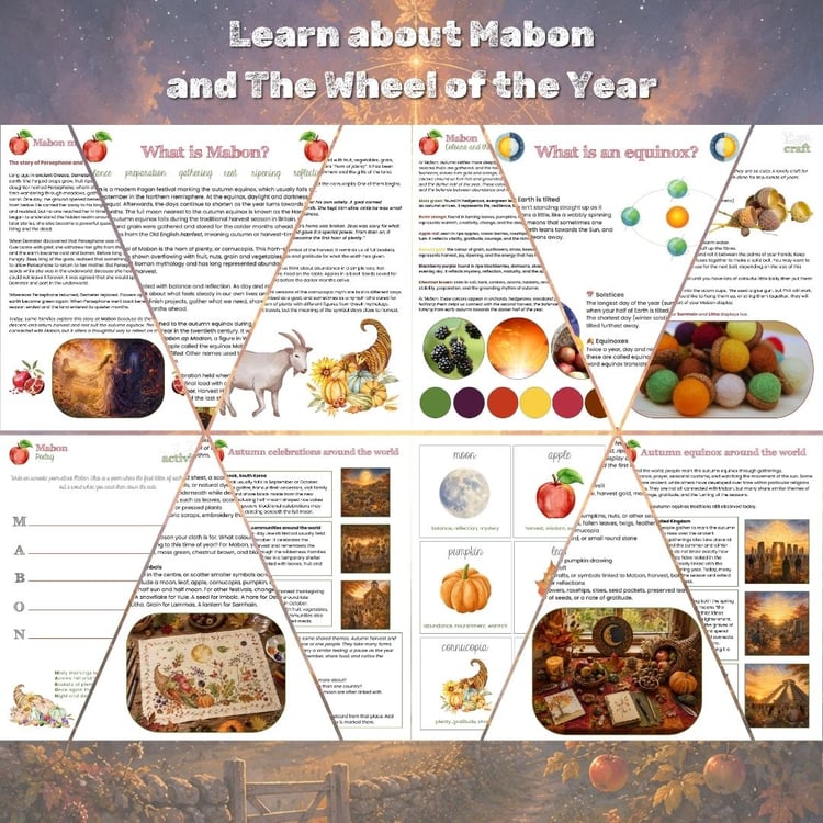 Explore Mabon with this printable autumn equinox pack for families, including folklore, crafts, recipes, nature study, colouring pages, journalling prompts and seasonal activities.
