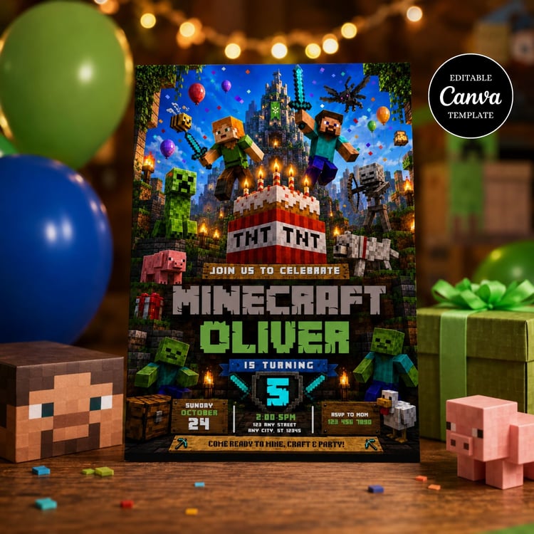 Editable Minecraft birthday invitation template designed in Canva with pixel-style graphics, customizable party details, printable digital invite, and instant download.