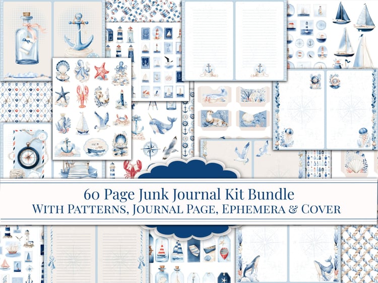 Main bundle cover showing 60-page nautical junk journal kit with patterns, journal pages, ephemera, and covers.