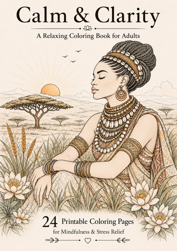Cover of the Calm & Clarity adult coloring book with a peaceful African woman sitting in the savanna at sunrise. Features 24 printable coloring pages designed for relaxation, mindfulness and stress relief.