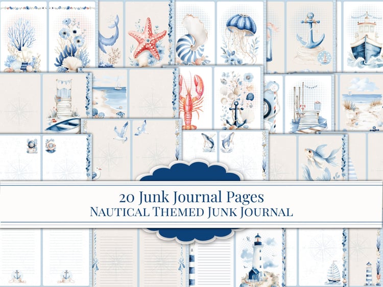Main cover preview showing 20 printable junk journal pages in a nautical and sea-life theme.