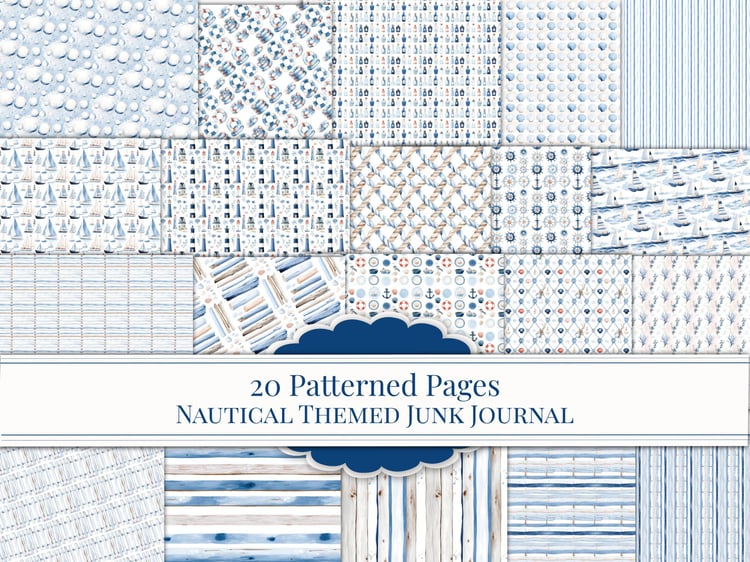 Main cover preview showing 20 patterned pages for a nautical themed junk journal printable kit.