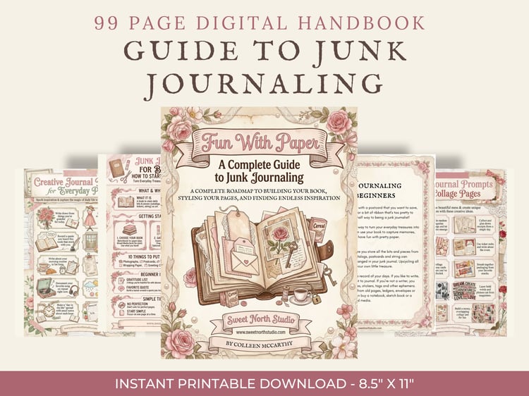 Main cover preview for "99 Page Digital Handbook: Guide to Junk Journaling" printable download with sample inner pages displayed.
