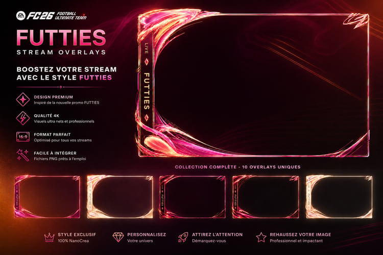 FC26 FUTTIES Stream Overlay Pack cover featuring a pink, orange and gold 4K camera frame for OBS by NanoCrea