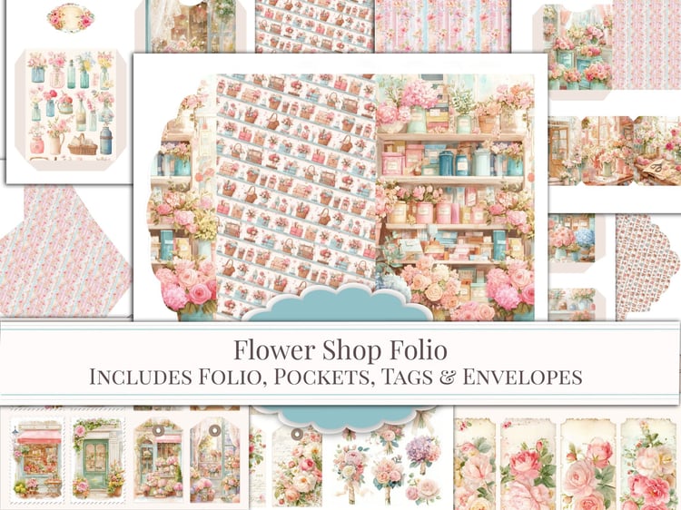 Main cover preview for the "Flower Shop Folio" printable junk journal kit including folio base, pockets, tags, and envelopes.