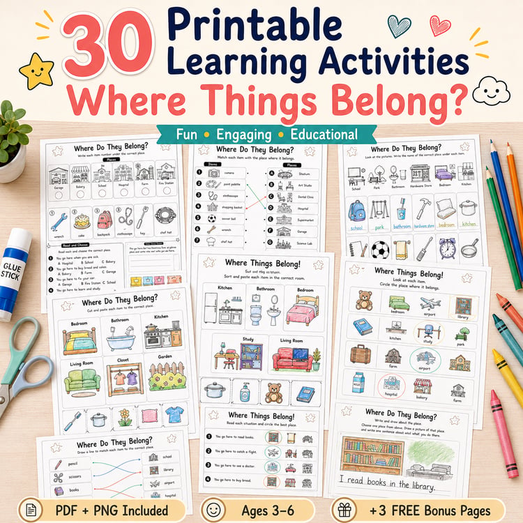 Where Things Belong! – 30 Fun Printable Activities for Kids Ages 3–6 | PDF + PNG Bundle + 3 FREE Bonus Pages
