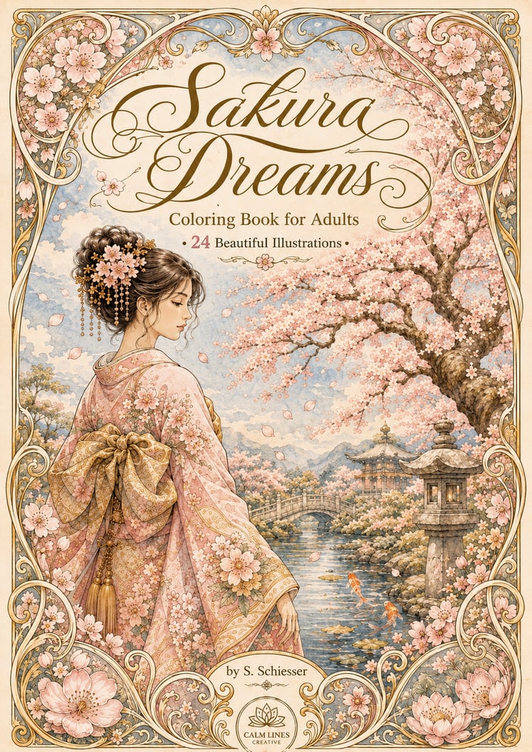 Sakura Dreams coloring book cover, Japanese woman in kimono with cherry blossoms