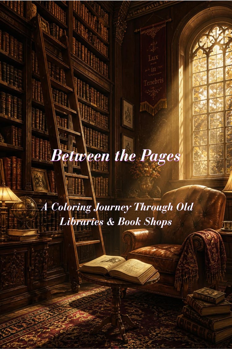 Coloring book cover for "Between the Pages: A Coloring Journey Through Old Libraries & Book Shops" featuring a cozy vintage library interior with tall wooden bookshelves, a rolling ladder, a leather armchair, and warm sunlight streaming through a large ar