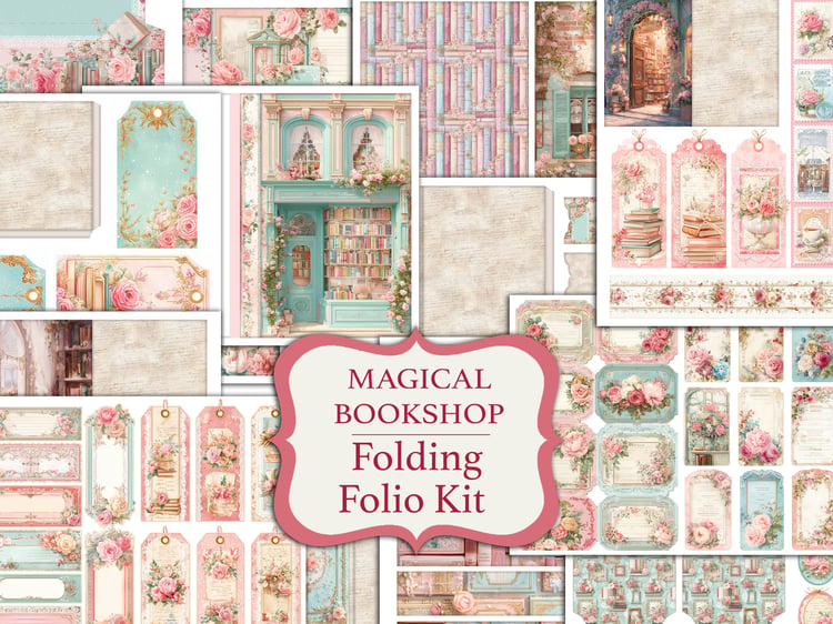 Main cover preview for the "Magical Bookshop Folding Folio Kit" printable junk journal project with matching ephemera.