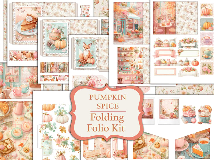 Main cover preview for the "Pumpkin Spice Folding Folio Kit" printable junk journal project with fall-themed ephemera.