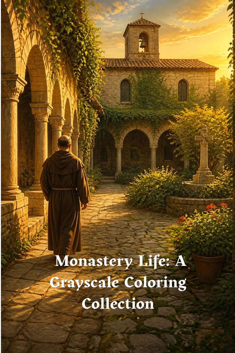 Colorful cover illustration of a monk walking through a sunlit monastery courtyard with cloister arches and a bell tower