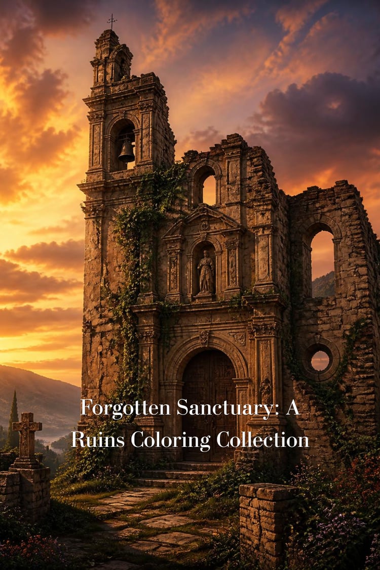 Colorful cover illustration of a ruined monastery bell tower and facade at golden sunset, with a graveyard cross in the foreground