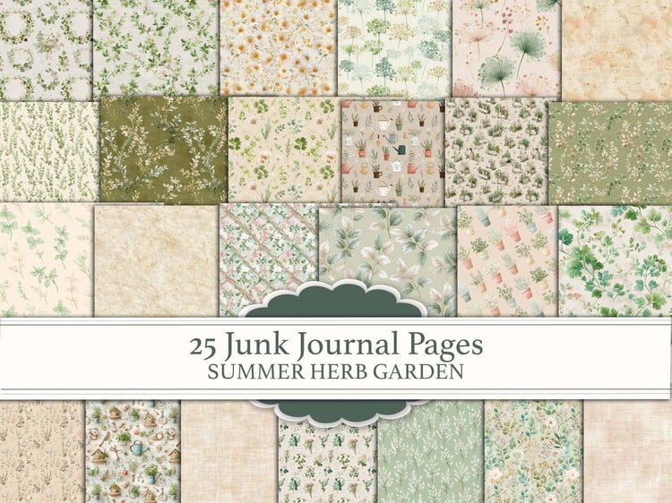 Main cover preview showing 25 junk journal pages featuring summer herb garden patterns and botanical paper textures.