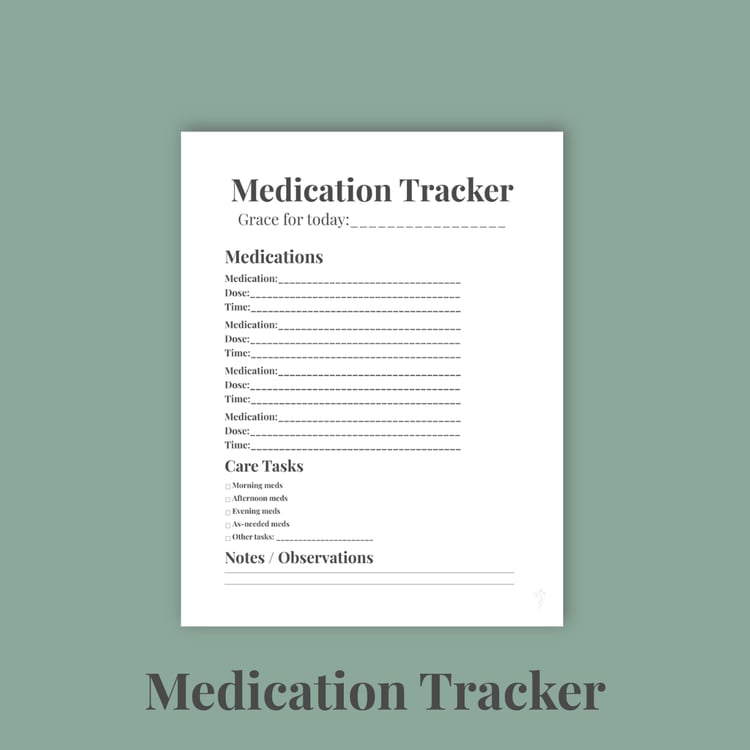 Styled caregiver medication tracker printable with botanical accents.
