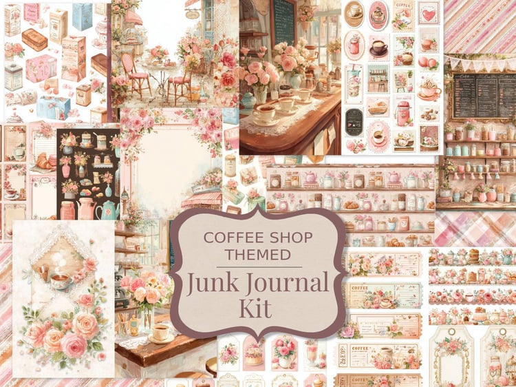 Main cover preview for the "Coffee Shop Themed Junk Journal Kit" featuring vintage cafe illustrations, pastries, and floral decor.