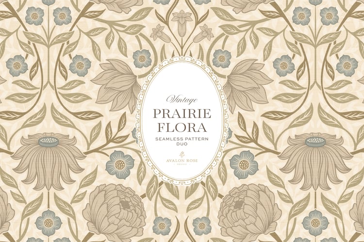 seamless surface pattern duo features a hand-drawn vintage tapestry floral in soft sage, taupe, and dusty blue on a field of warm cream