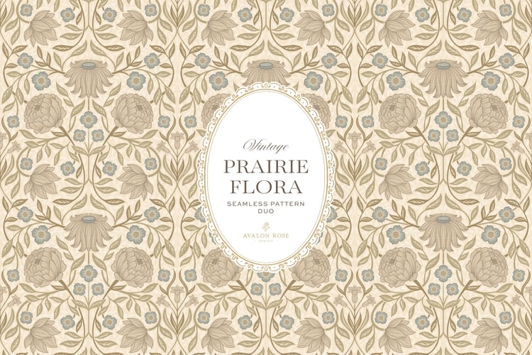 seamless surface pattern duo features a hand-drawn vintage tapestry floral in soft sage, taupe, and dusty blue on a field of warm cream