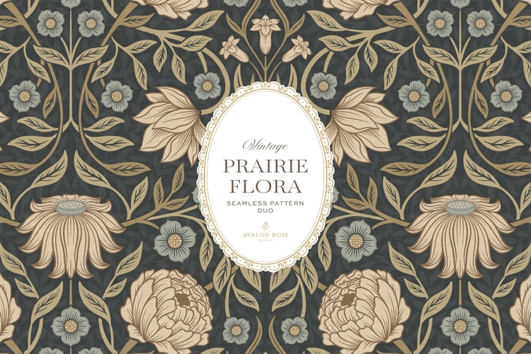 seamless surface pattern duo features a hand-drawn vintage tapestry floral and trailing vines in warm tan and dusty blue on a field of deep charcoal