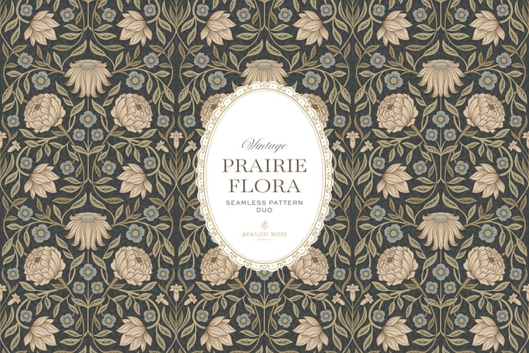 seamless surface pattern duo features a hand-drawn vintage tapestry floral and trailing vines in warm tan and dusty blue on a field of deep charcoal