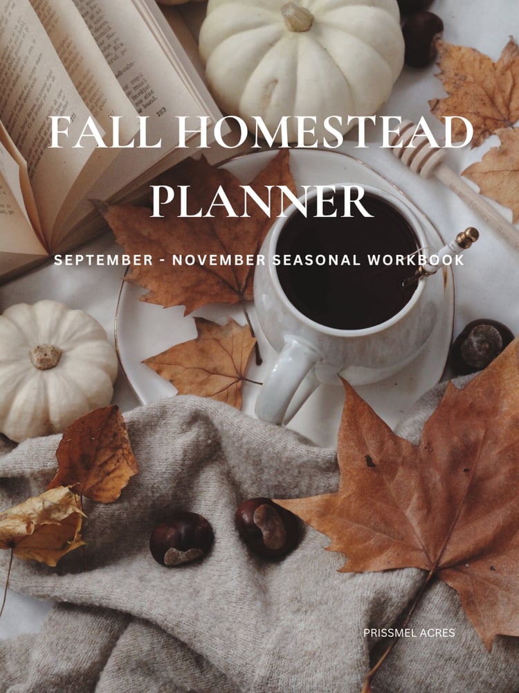 Fall Homestead Planner printable workbook with 43 pages for seasonal planning, harvest organization, household tasks, and winter preparation.
