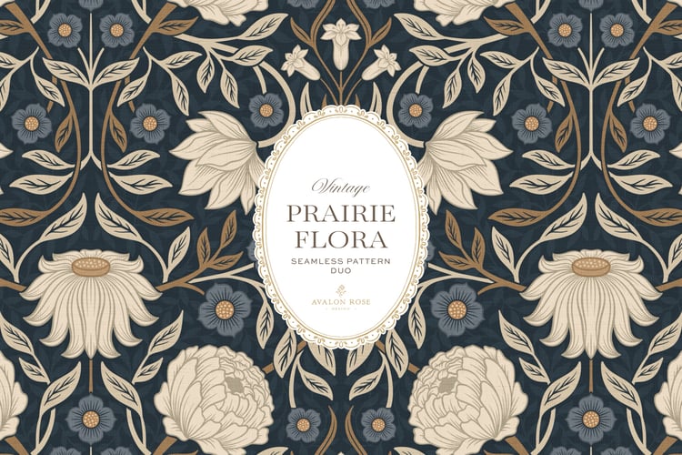 seamless surface pattern duo showcases a hand-drawn vintage tapestry floral in creamy ivory, dusty blue, and warm brass tones on a field of rich navy