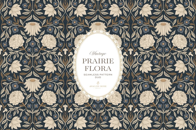 seamless surface pattern duo showcases a hand-drawn vintage tapestry floral in creamy ivory, dusty blue, and warm brass tones on a field of rich navy