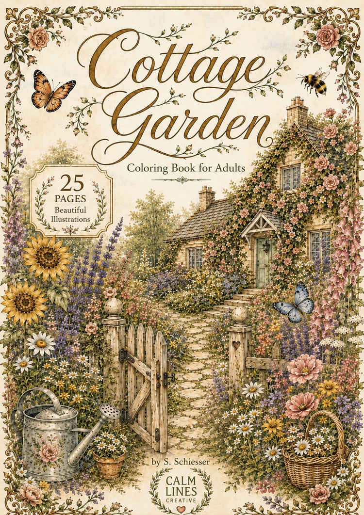 Cottage Garden Coloring Book for Adults cover with English cottage and garden path illustration