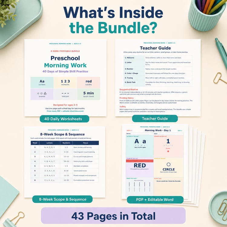 Preschool Morning Work Bundle - 40 Daily Worksheets for Ages 3-5