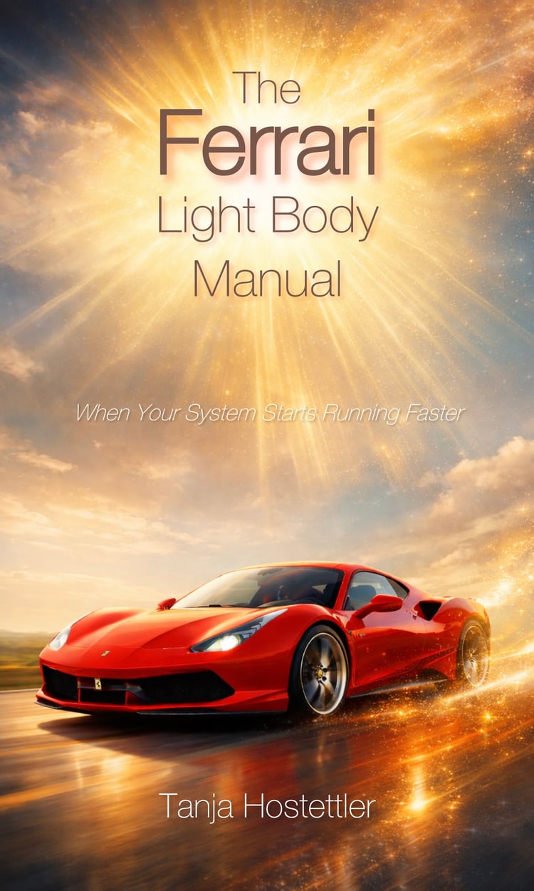 Cover of The Ferrari Light Body Manual by Solareya featuring a red Ferrari driving through golden light, symbolizing awakening, Kundalini, inner transformation, and the light body journey.