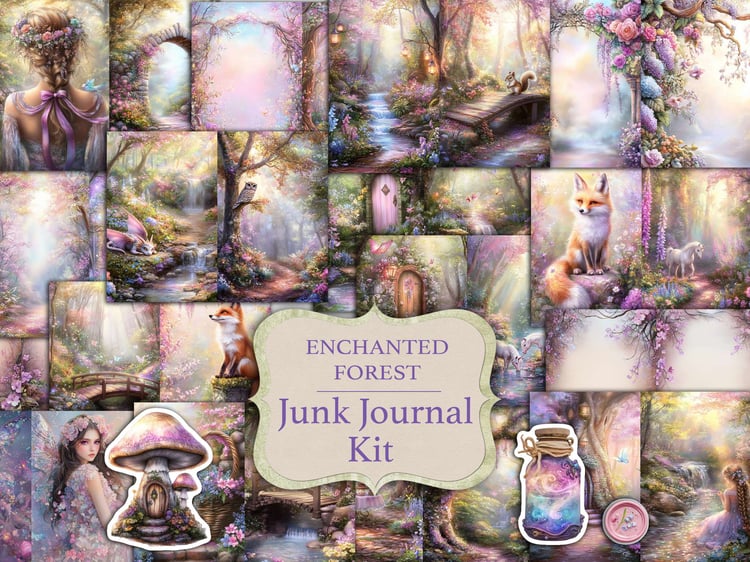 Main cover preview for the "Enchanted Forest Junk Journal Kit" featuring whimsical woodland scenes, foxes, magical trees, and purple florals.