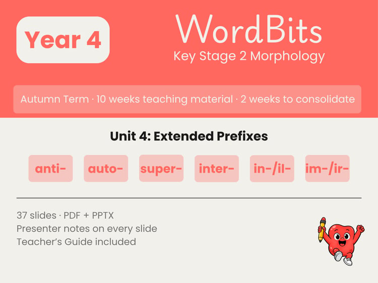WordBits Year 4 Autumn morphology unit, Extended Prefixes, full unit cover, anti- auto- super- inter- in-/il-/im-/ir-