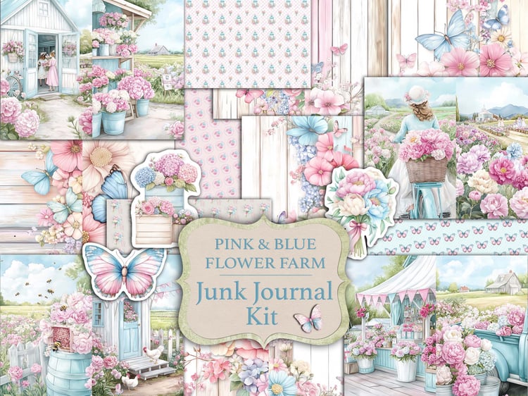 Main cover preview for the "Pink & Blue Flower Farm Junk Journal Kit" featuring pastel flower stalls, rustic sheds, and butterflies.