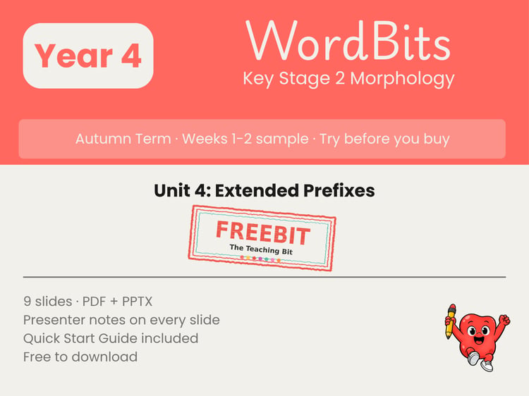 WordBits Year 4 Autumn morphology unit, Extended Prefixes, free sample cover, Weeks 1-2 Freebit taster