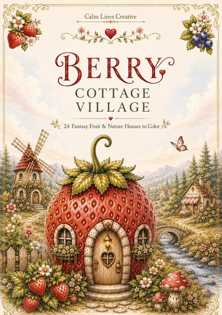 Berry Cottage Village coloring book cover with magical strawberry cottage, whimsical fruit houses, cottagecore fantasy, printable PDF for adults, 24 coloring pages.