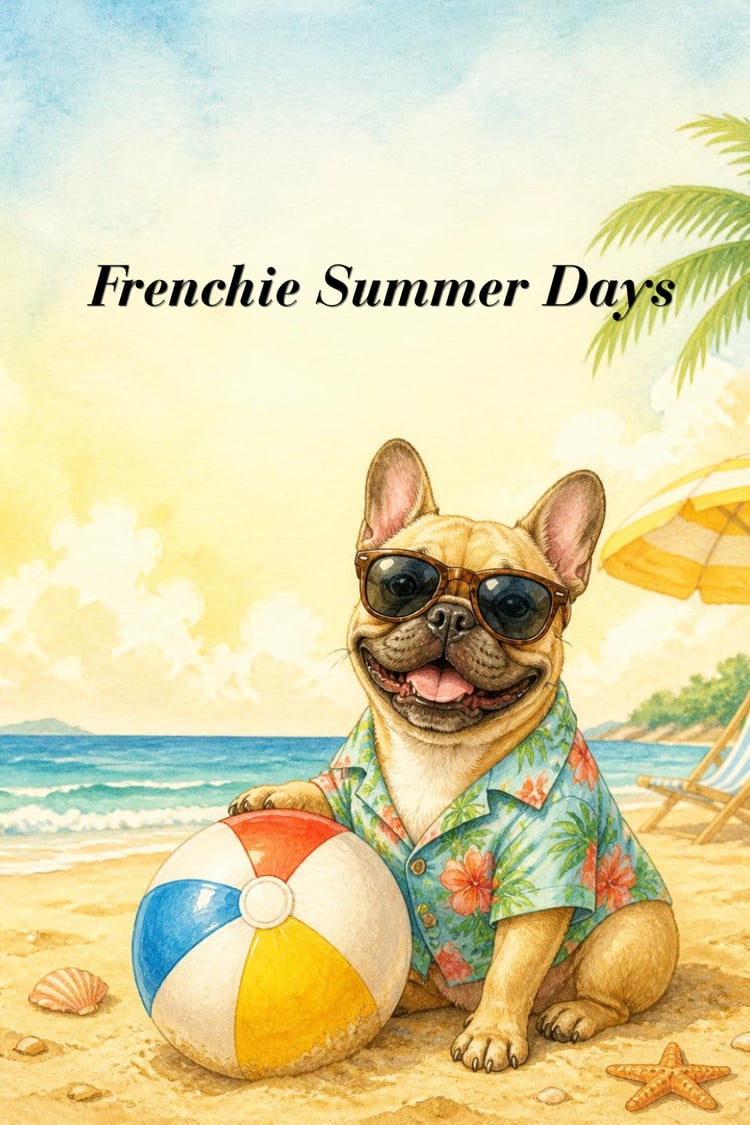 Frenchie Summer Days coloring book cover, French Bulldog in Hawaiian shirt and sunglasses on beach, printable grayscale coloring pages for adults