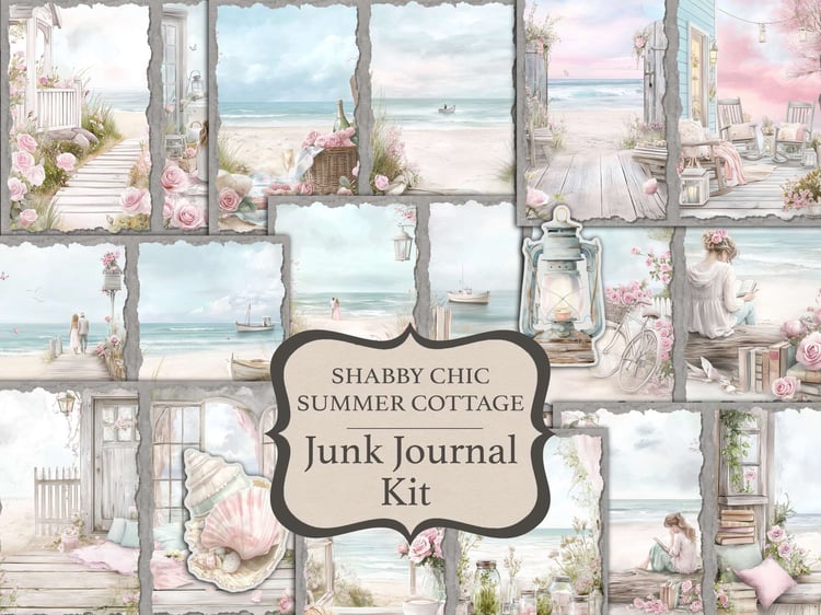 Main cover preview for the "Shabby Chic Summer Cottage Junk Journal Kit" featuring ocean views, beach house porches, pink roses, and seashells.