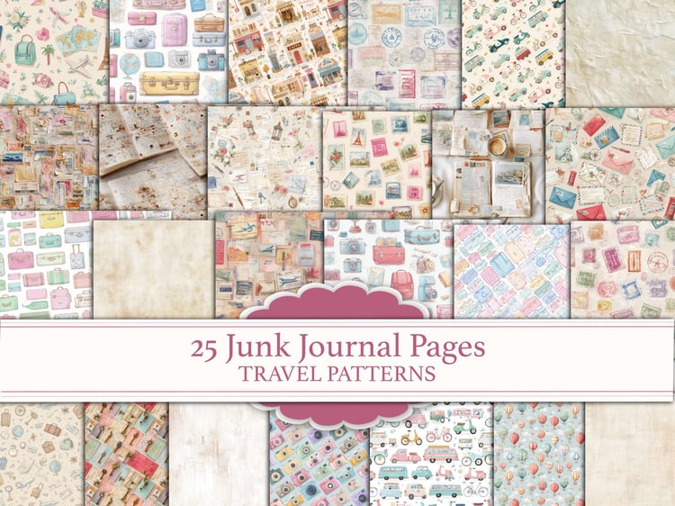 Main cover preview for the "25 Travel Patterns Junk Journal Pages" featuring vintage suitcases, airmail letters, hot air balloons, and pastel travel motifs.