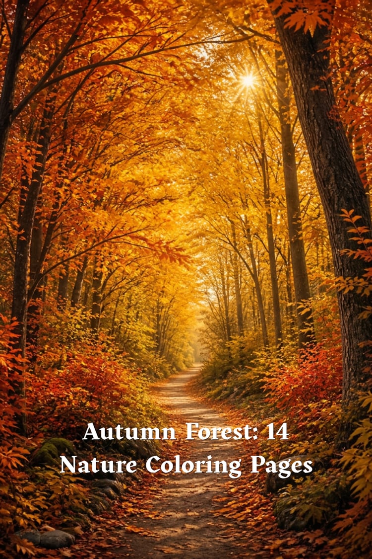 Colorful autumn forest path illustration with golden sunlight, cover for "Autumn Forest: 14 Nature Coloring Pages"