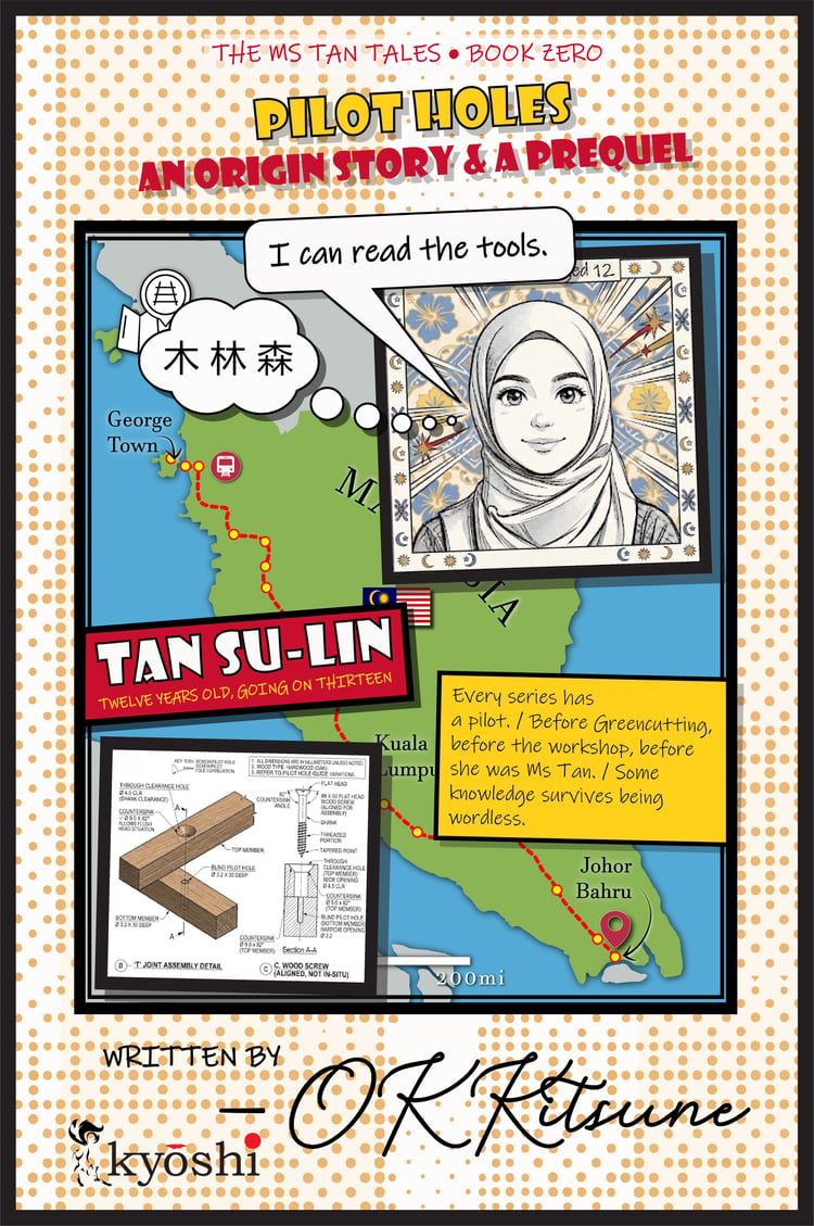 A comic book cover titled "Pilot Holes: An Origin Story & A Prequel" from "The Ms Tan Tales - Book Zero" featuring a map of Malaysia with marked locations and a portrait of Tan Su-Lin (age 12) in a hijab saying, "I can read the tools." The cover includes