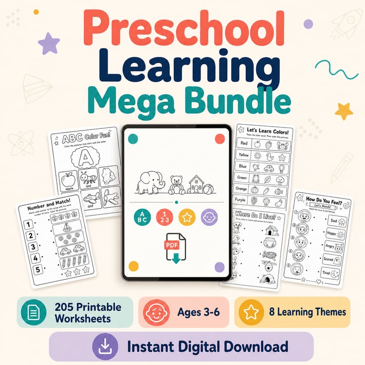 Complete Preschool Learning Bundle – 205 Printable Worksheets for Ages 3–6