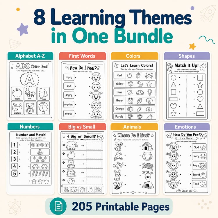 Complete Preschool Learning Bundle – 205 Printable Worksheets for Ages 3–6