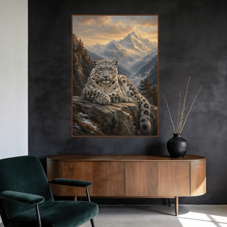Snow leopard resting on a rocky ledge overlooking a peaceful mountain valley, printable wildlife wall art with natural scenery.