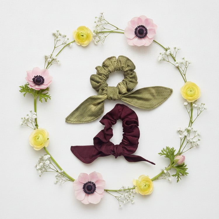 Handmade Fabric Scrunchies with Ties | Green & Burgundy