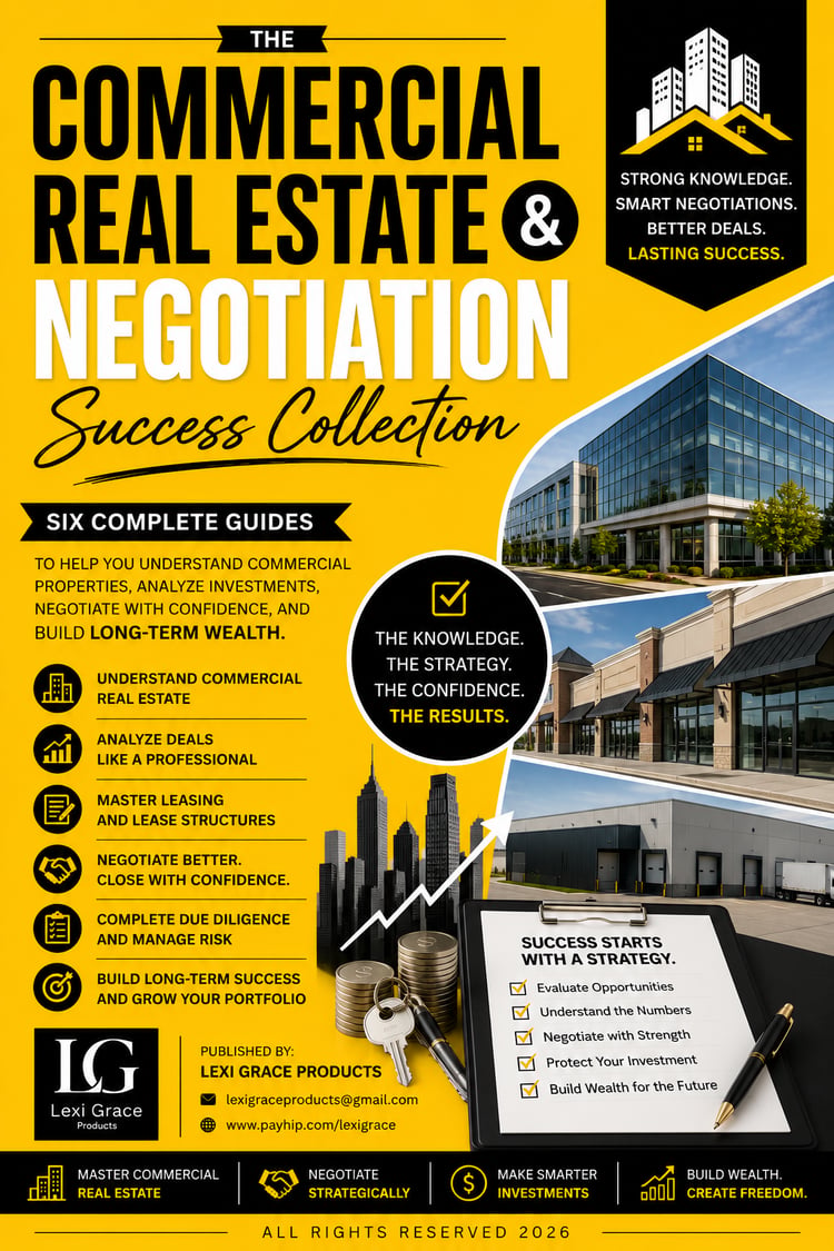 Master commercial real estate and negotiation with confidence. 6 guides, 175 AI prompts, worksheets covering leasing, due diligence & deal analysis. Instant PDF download.