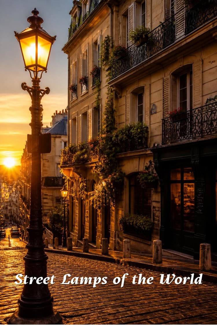Cover image for "Street Lamps of the World: 14 Coloring Pages" digital coloring book — golden hour photo of an ornate Parisian cast-iron street lamp glowing on a cobblestone street lined with flower-covered balconies