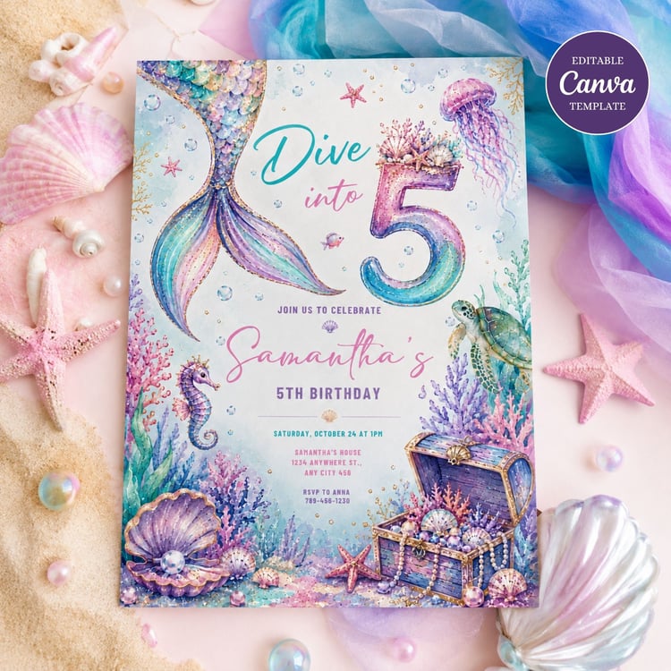 Editable Dive Into Five Mermaid 5th Birthday Invitation Template in pink and purple featuring an under the sea theme, printable Canva birthday invite for girls.