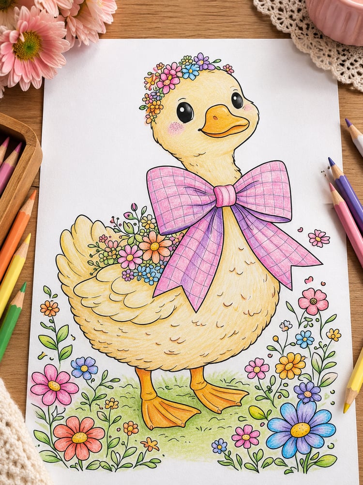 Lifestyle mockup of a hand-colored duckling coloring page on a cozy craft table with colored pencils, crayons, flowers, and spring-inspired decorations.