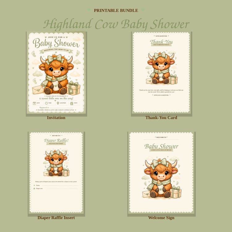 highland cow baby shower, baby shower invitation, printable baby shower invitation, farm animal baby shower, gender neutral baby shower invitation, cow baby shower, instant download invitation, diaper raffle insert, baby shower welcome sign, printable bab